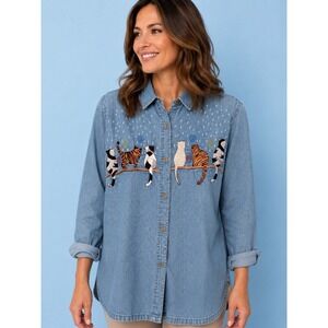 Vintage 90's Passion CAT Embroidered Denim Chambray Shirt Woman's Small Retro